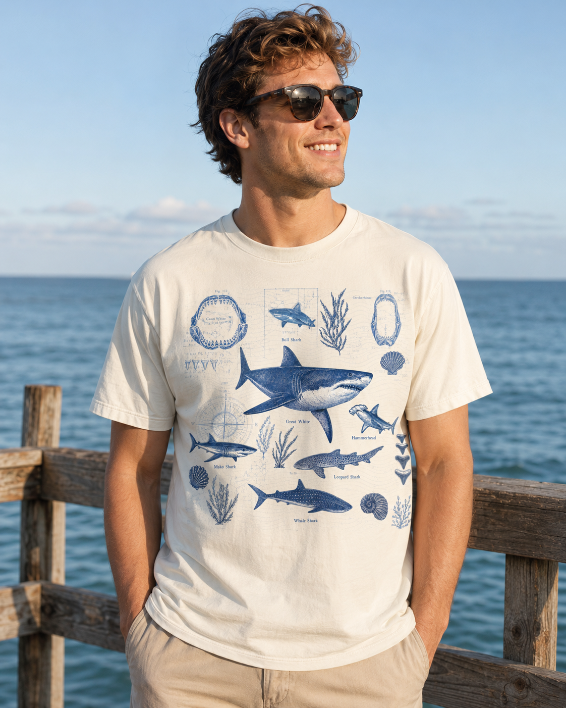 Field Guide Club shark tee in Ivory on a coastal dock