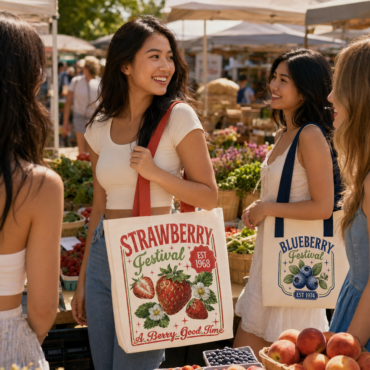 Young women carrying Strawberry Festival and Blueberry Festival totes at a farmers market
