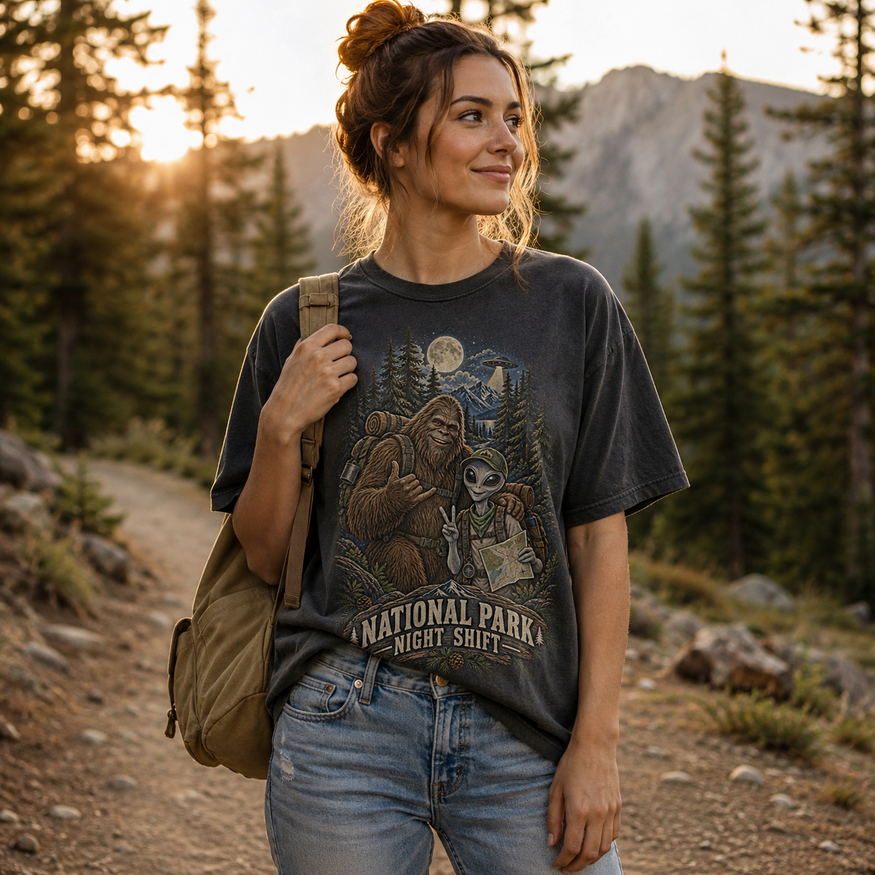 Model wearing the Graphite National Park Night Shift cryptid tee at a golden-hour trailhead