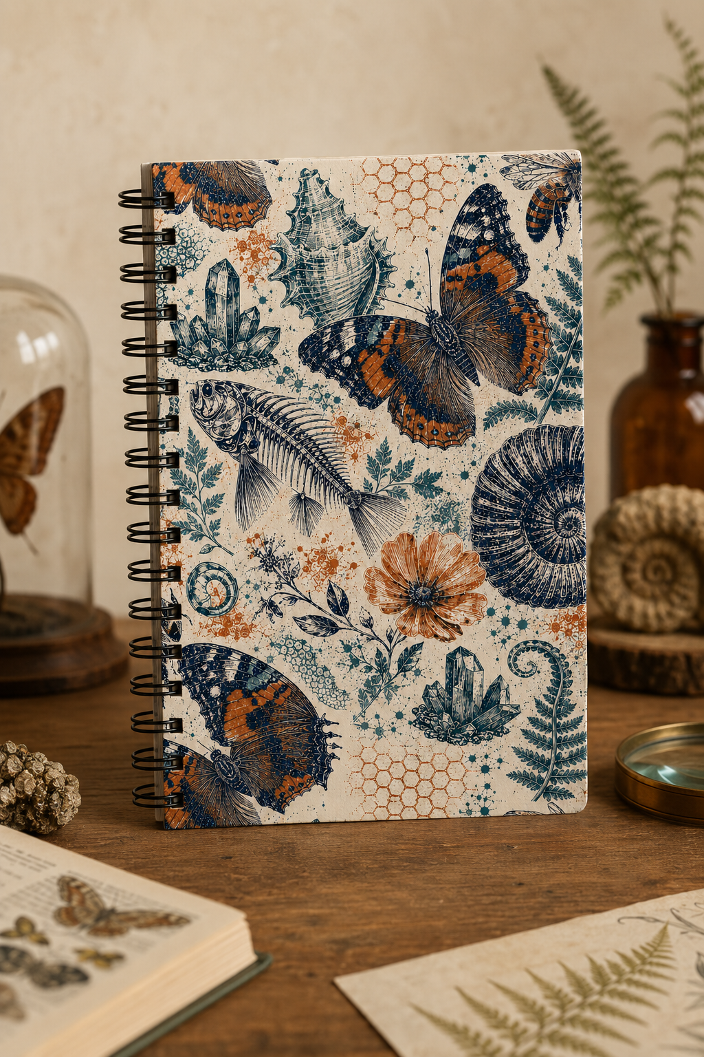 The Natural World Archive dotted notebook standing on a warm natural-history study desk