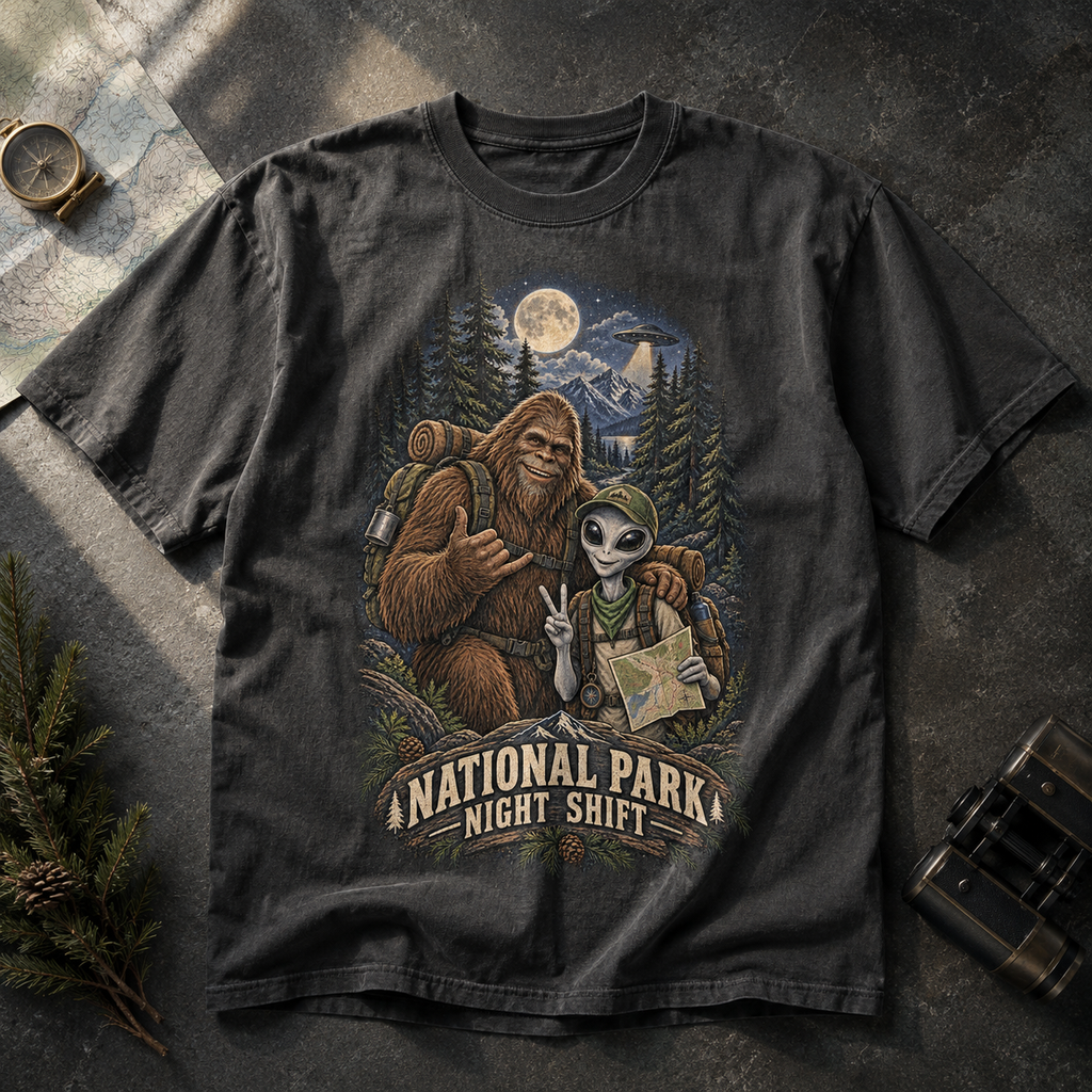 Graphite National Park Night Shift Comfort Colors tee styled as an explorer flat lay