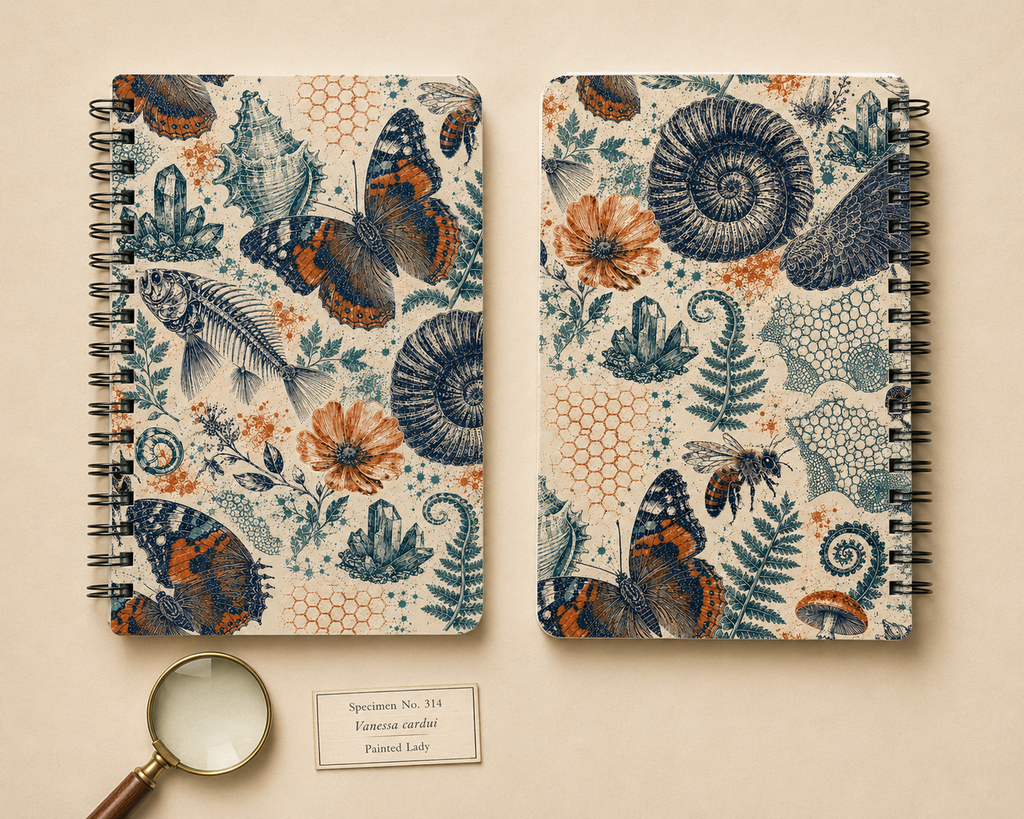 The Natural World Archive dotted notebook front and coordinated back covers side by side