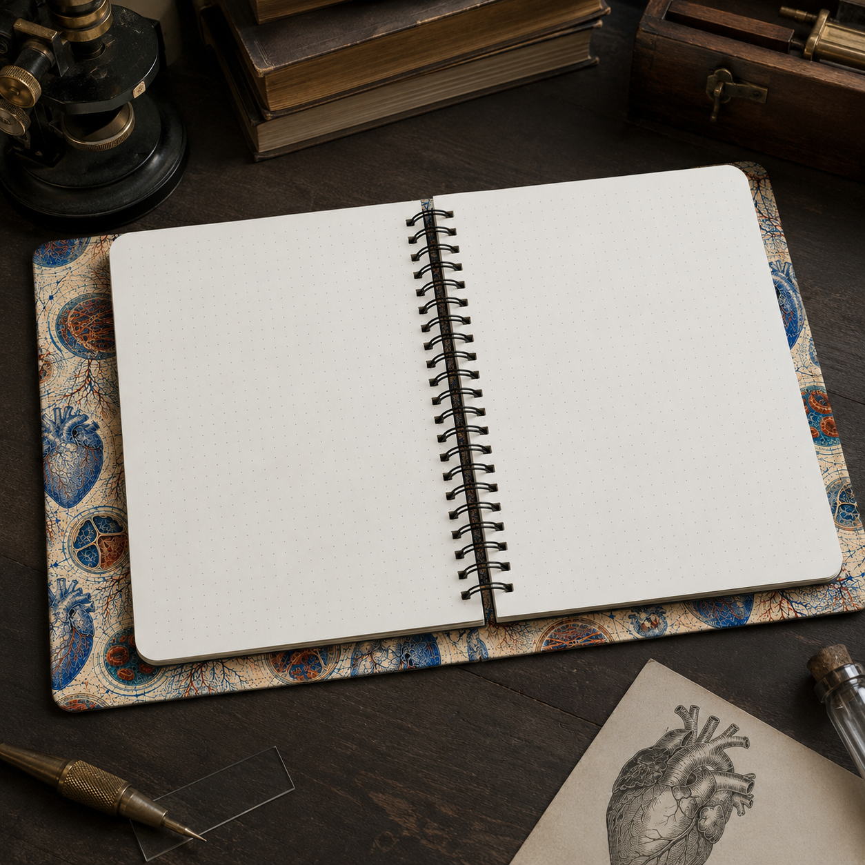 Human Heart Anatomy Archive notebook open to plain blank dot-grid pages
