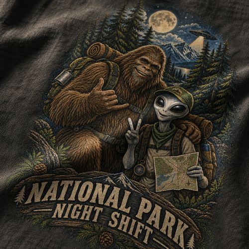 Close view of the National Park Night Shift Bigfoot and alien shirt print