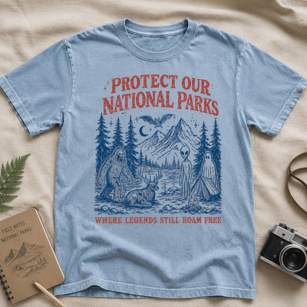 Chambray cryptid national parks shirt with field guide props