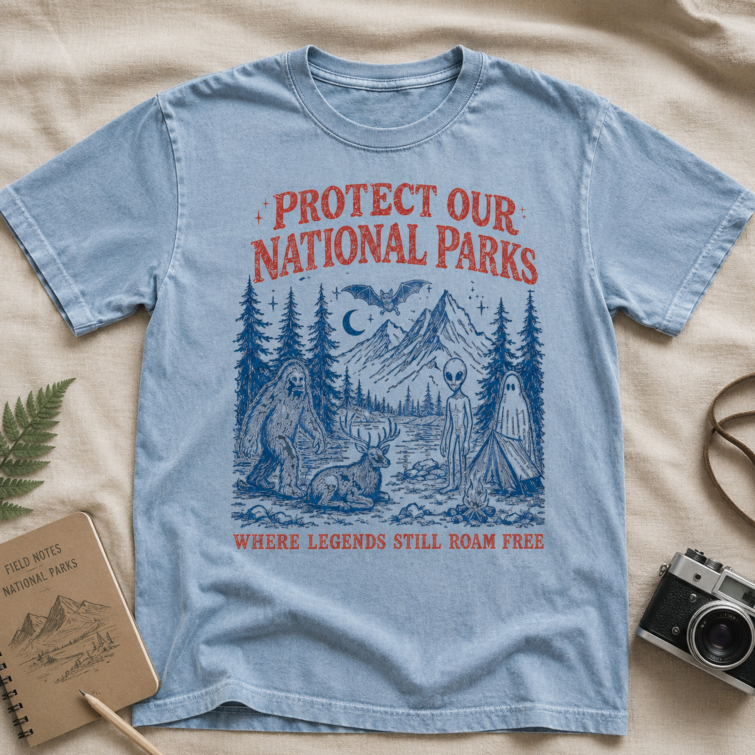 Chambray cryptid national parks shirt with field guide props
