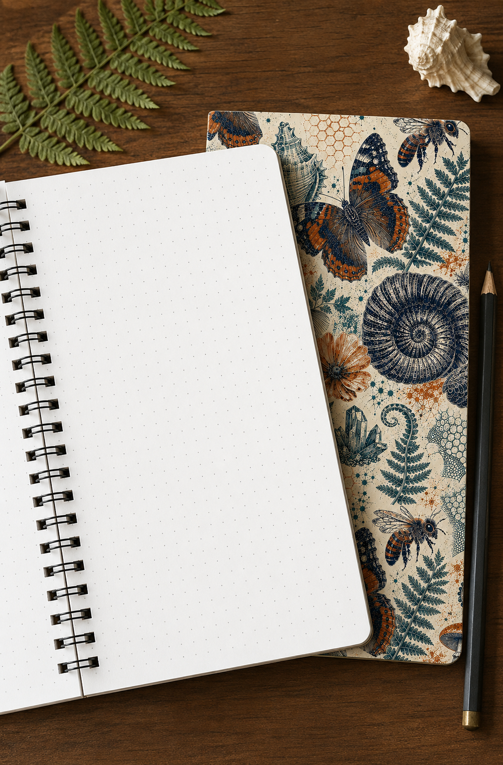 The Natural World Archive notebook open to blank dotted pages with the printed cover visible