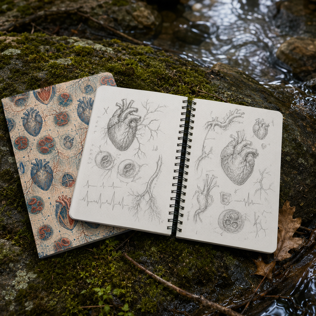 Human heart anatomy field notes and drawings on dotted pages beside a creek