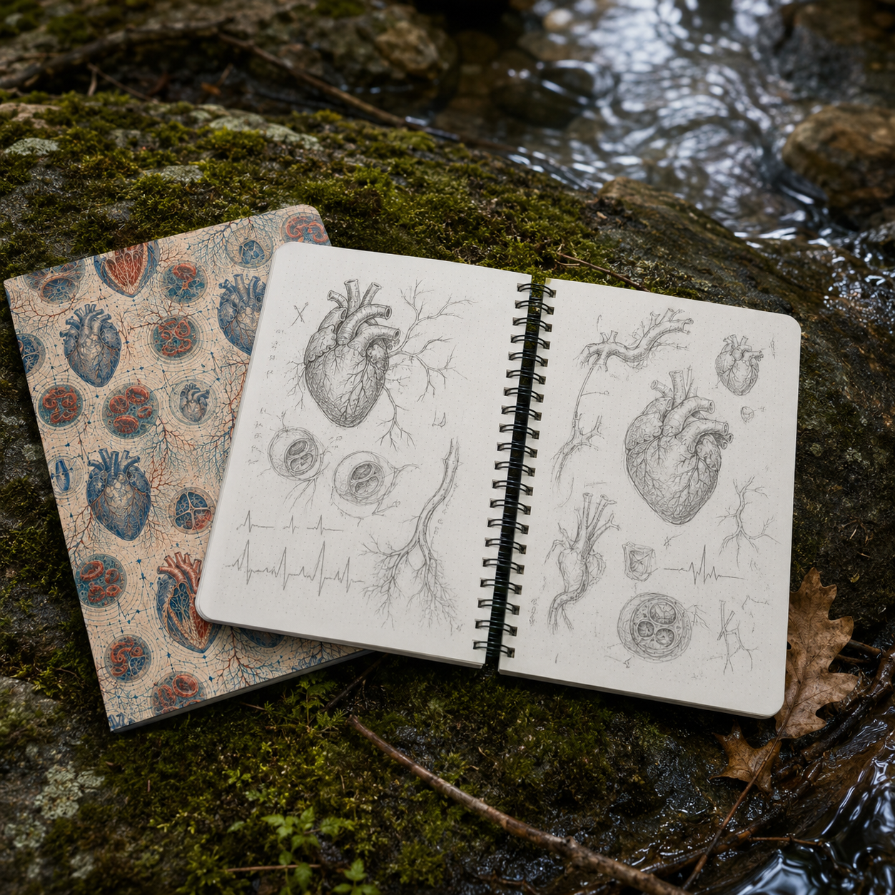 Human heart anatomy field notes and drawings on dotted pages beside a creek