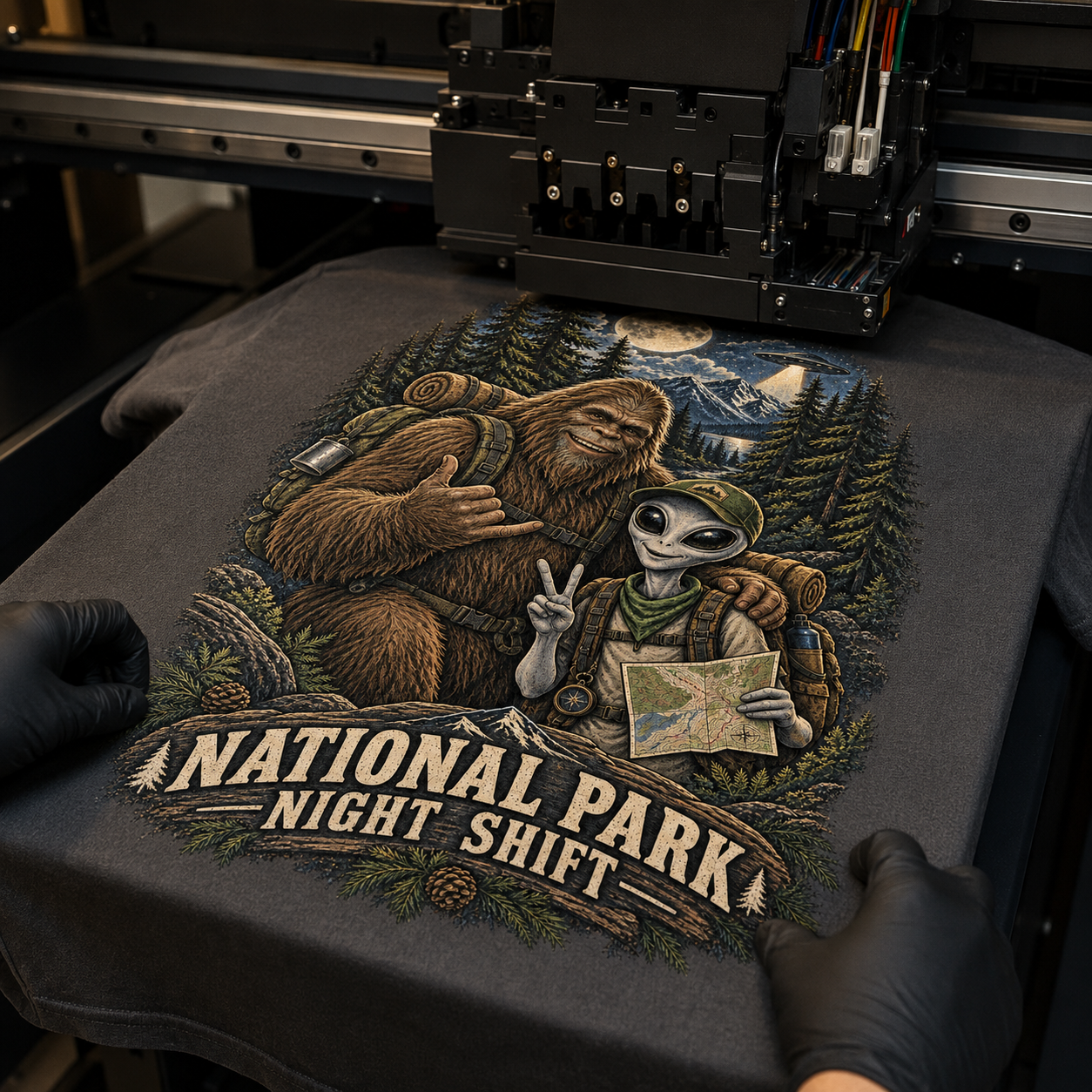 National Park Night Shift graphic tee during the DTG printing process