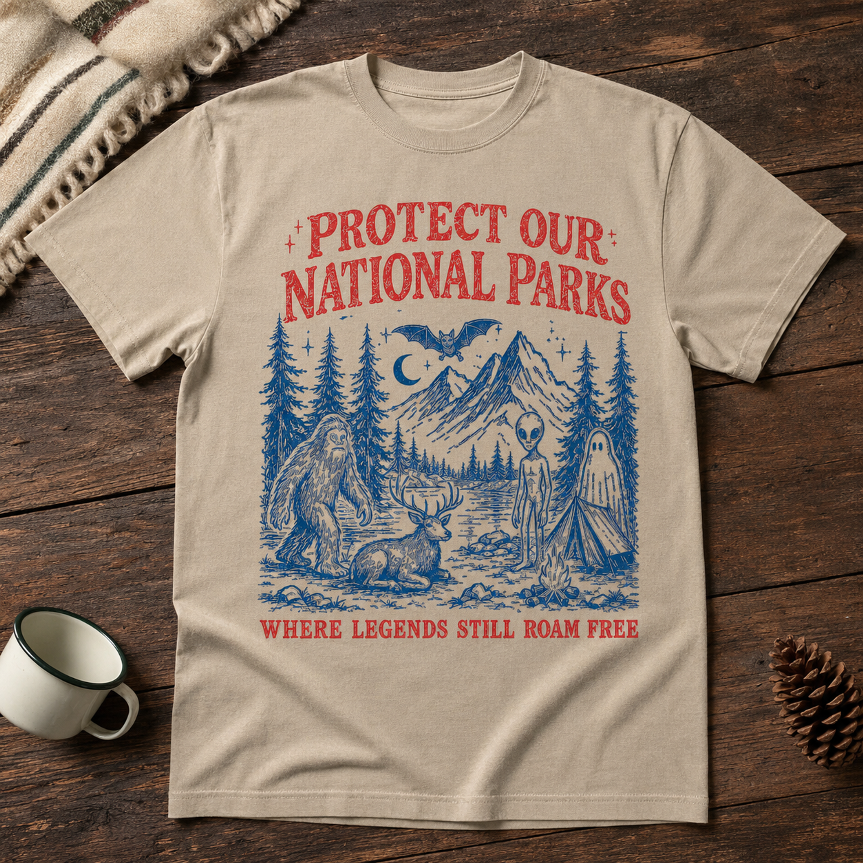 Sandstone Comfort Colors cryptid tee styled for camping