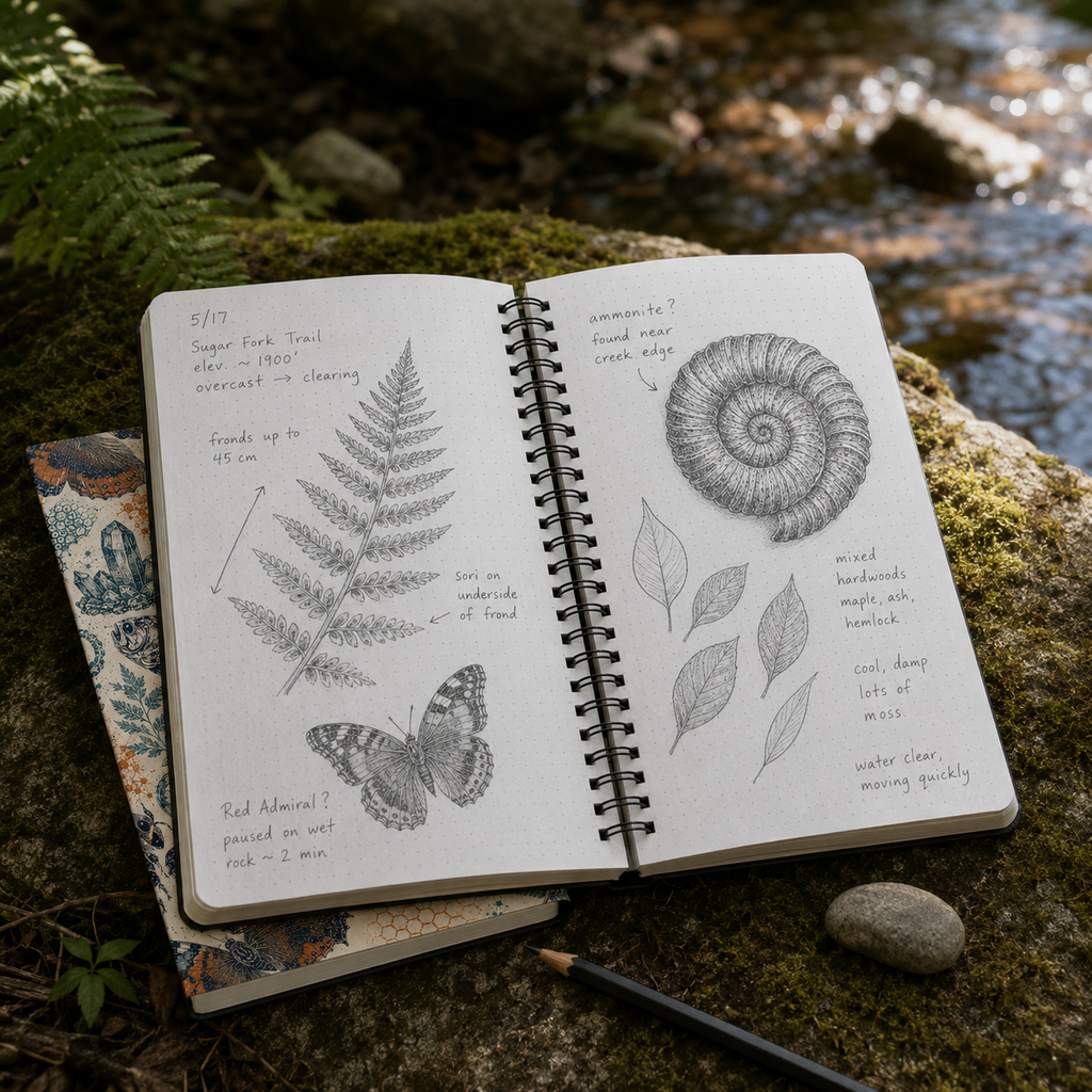 Open Natural World Archive dotted notebook with fern, butterfly, ammonite, and leaf field notes beside a forest creek