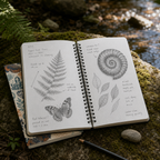 Open Natural World Archive dotted notebook with fern, butterfly, ammonite, and leaf field notes beside a forest creek