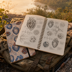 Human heart study sketches and field notes in a dotted notebook outdoors at golden hour