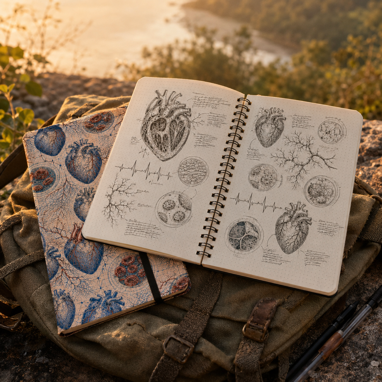 Human heart study sketches and field notes in a dotted notebook outdoors at golden hour