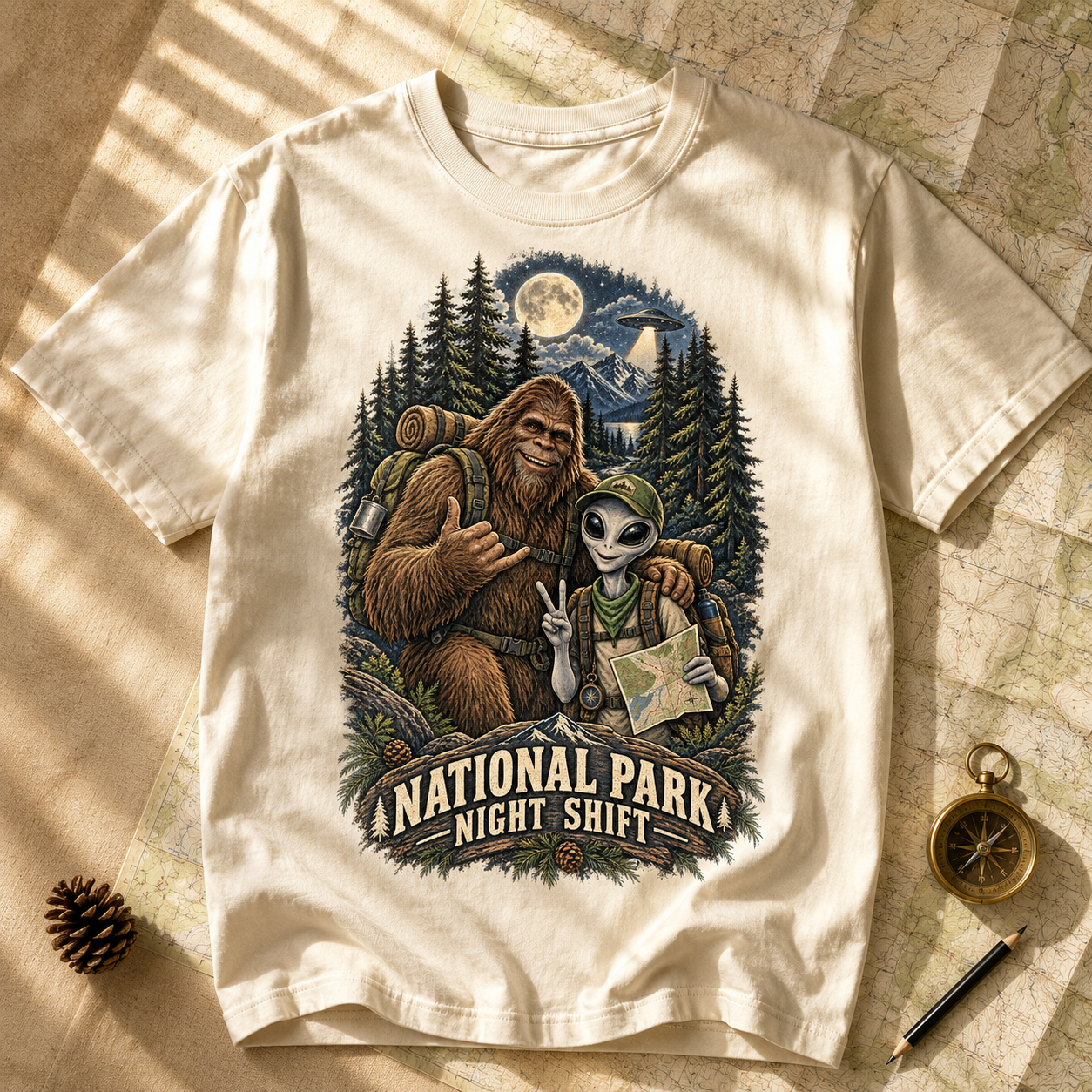 Ivory National Park Night Shift tee styled with a topographic map