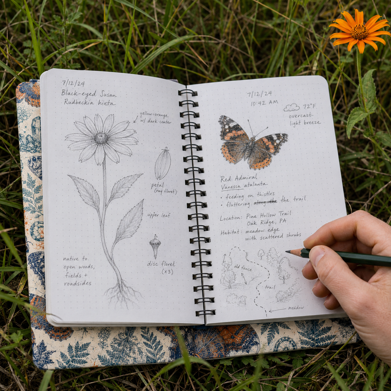 Open Natural World Archive dotted notebook with botanical and butterfly field notes in a meadow
