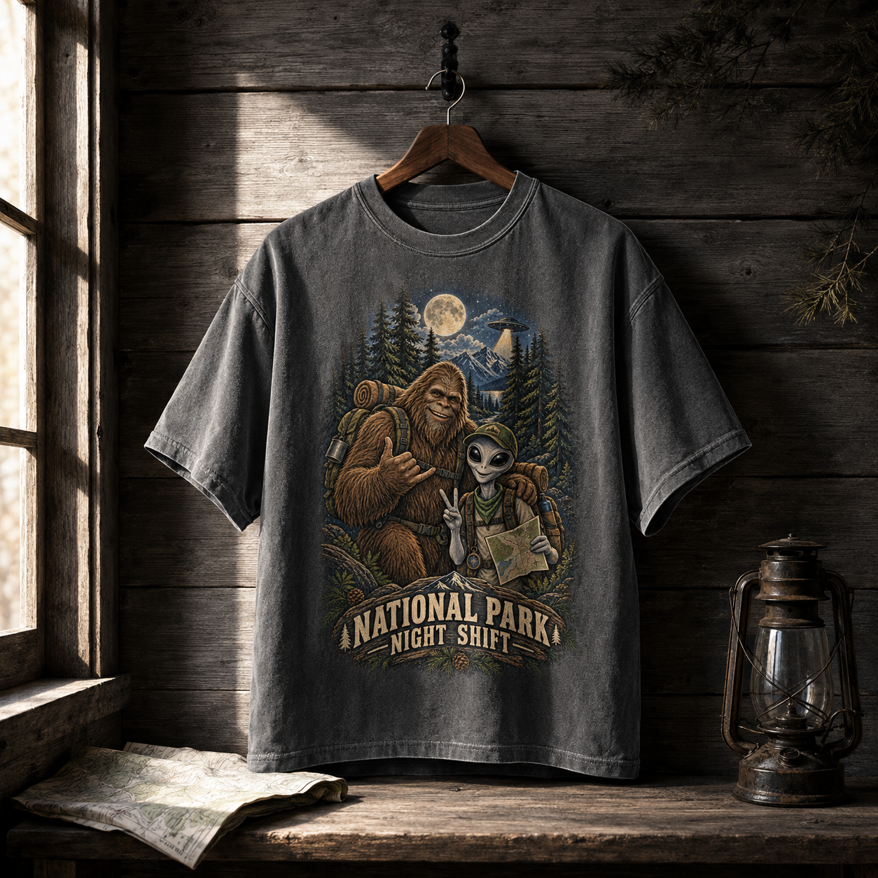 Graphite National Park Night Shift shirt hanging in a ranger cabin