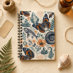 The Natural World Archive dotted notebook in a gift-ready flat lay with fern and shell