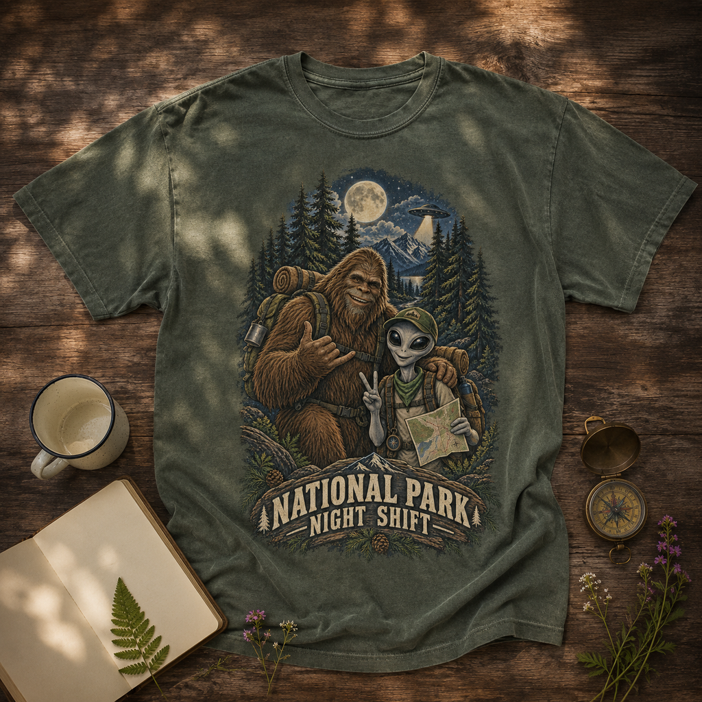 Moss National Park Night Shift graphic tee on reclaimed pine