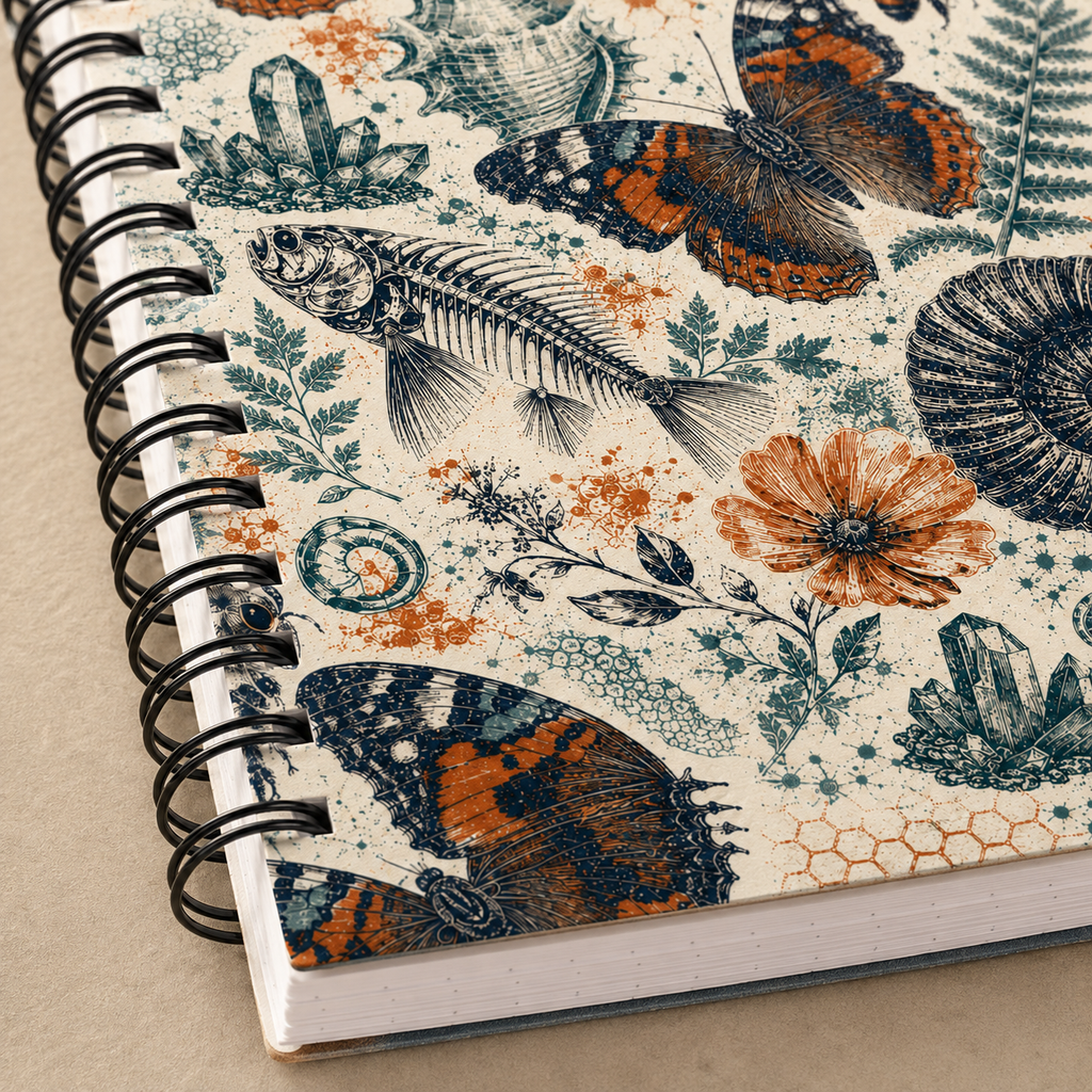 Close-up of The Natural World Archive notebook cover print, black Wire-O binding, and page edges