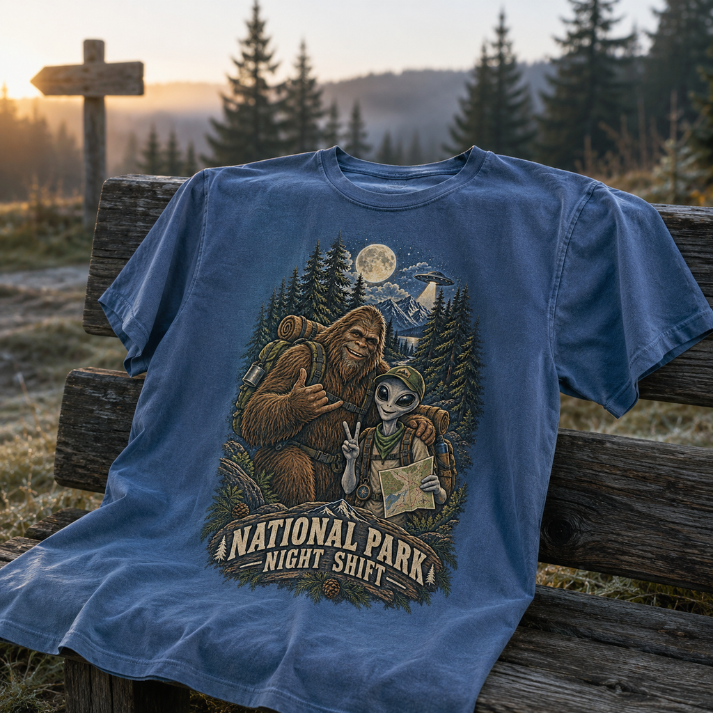 Blue Jean National Park Night Shift tee at a misty trailhead