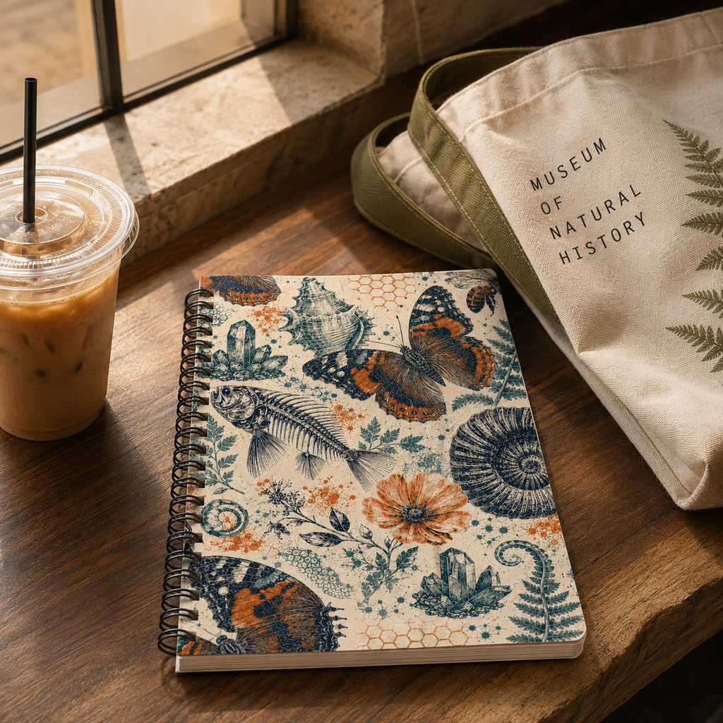 The Natural World Archive dotted notebook on a museum cafe table beside a tote and iced coffee