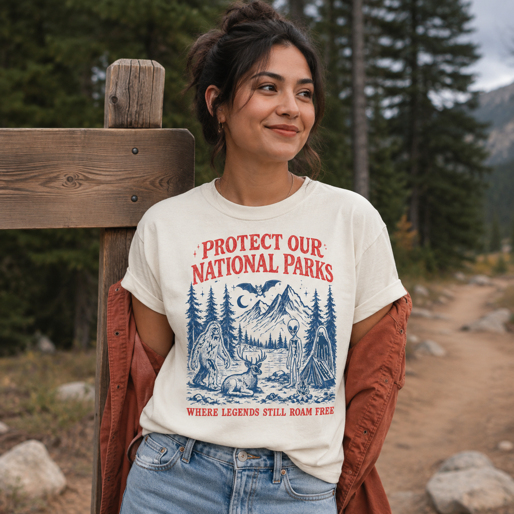 Woman wearing an Ivory national parks cryptid tee at a trailhead