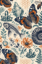 The Natural World Archive dotted notebook exact front-cover artwork with butterfly, fossils, shells, fish skeleton, flowers, and crystals