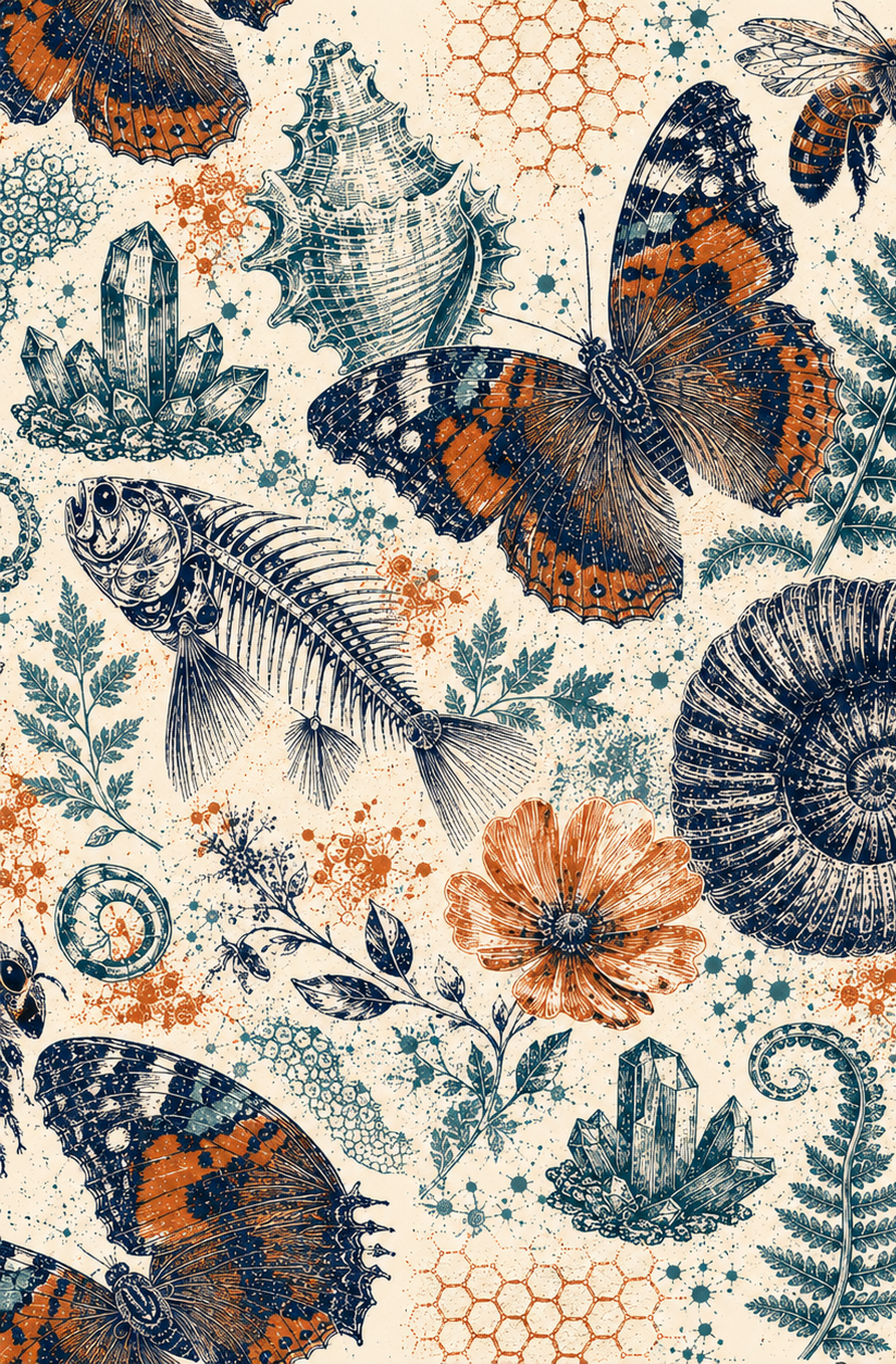 The Natural World Archive dotted notebook exact front-cover artwork with butterfly, fossils, shells, fish skeleton, flowers, and crystals