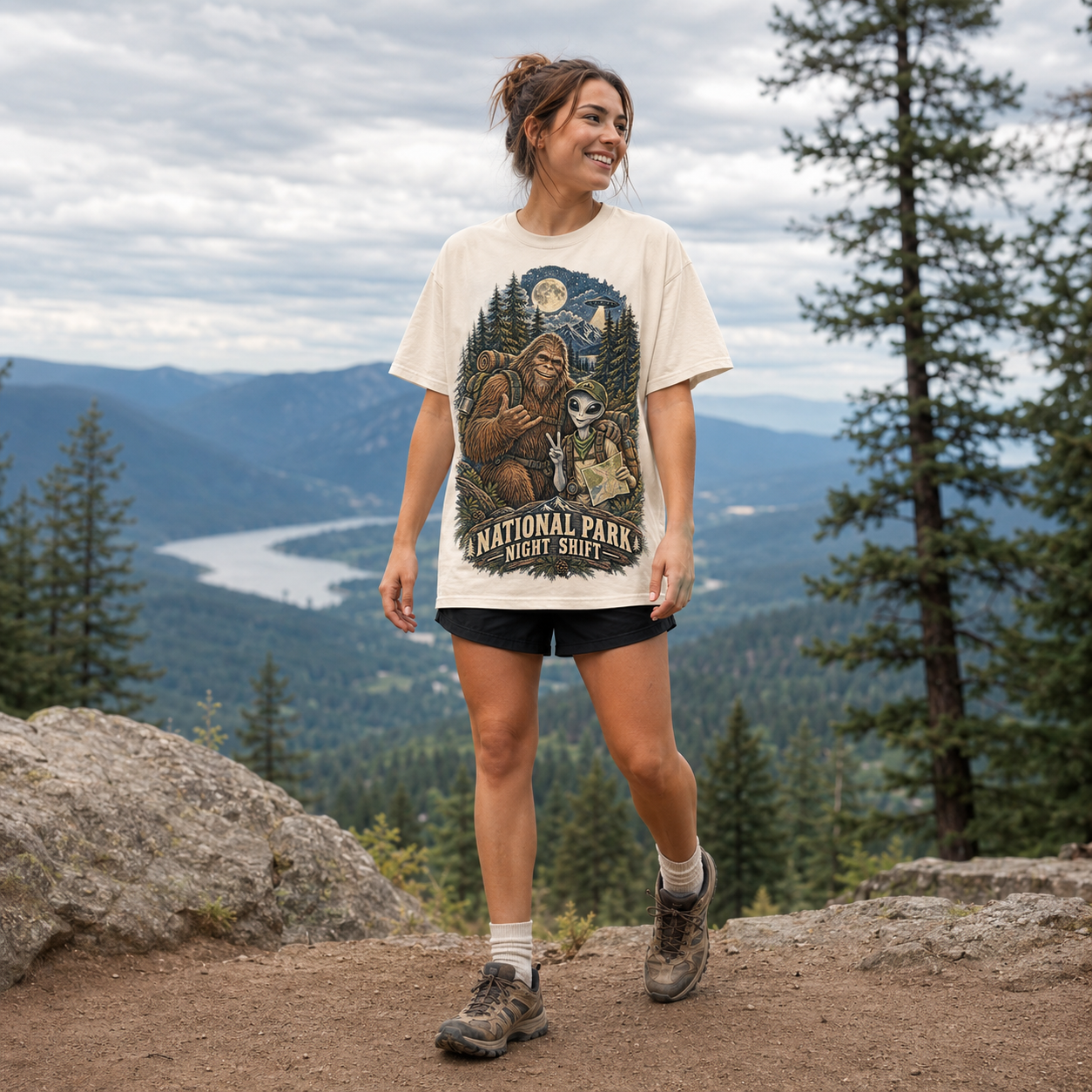 Model wearing the Ivory National Park Night Shift tee at a forest overlook