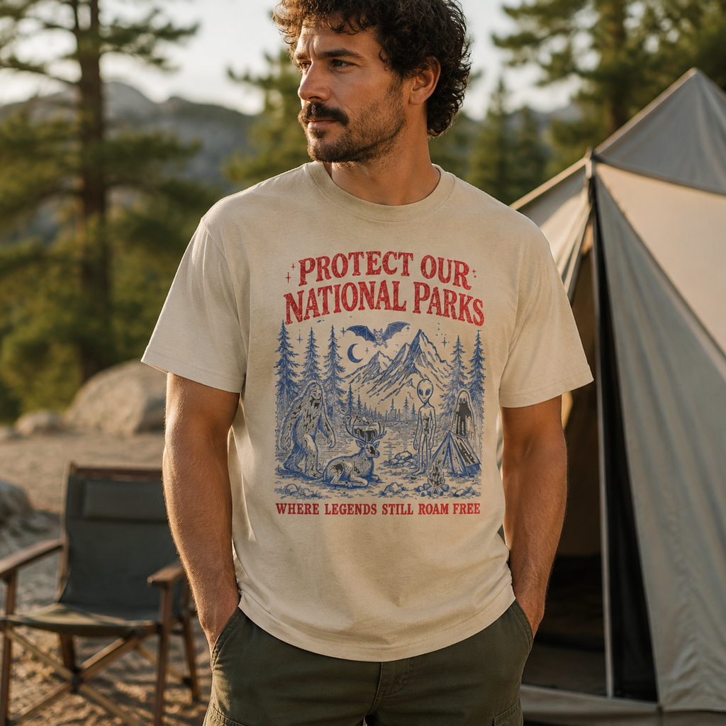 Man wearing a Sandstone Comfort Colors camping graphic shirt