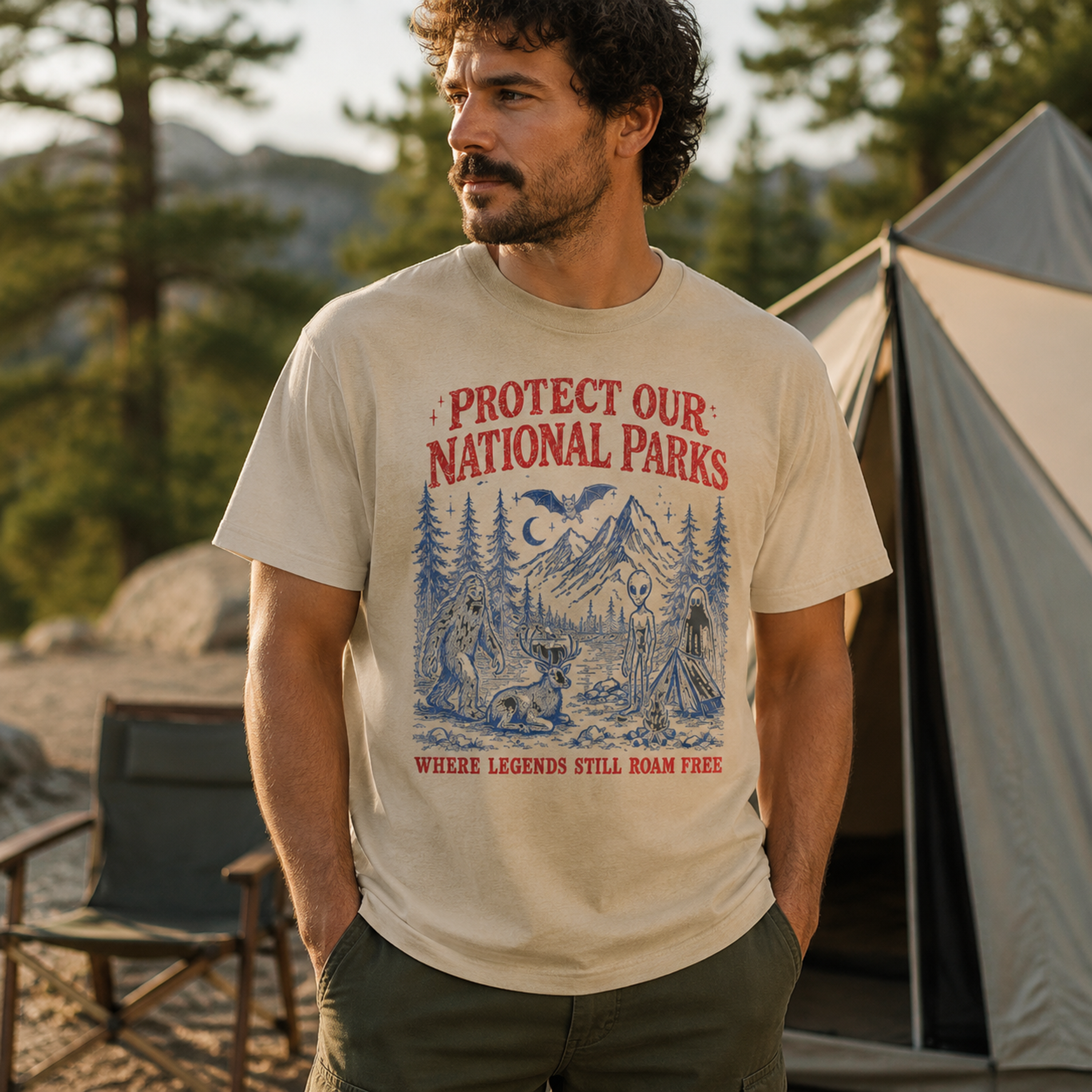 Man wearing a Sandstone Comfort Colors camping graphic shirt