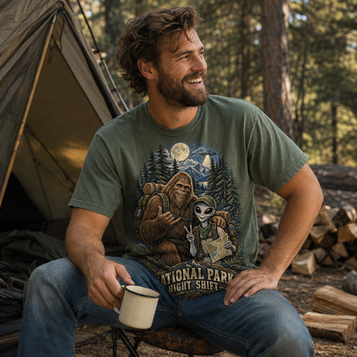 Model wearing the Moss National Park Night Shift tee at a campsite