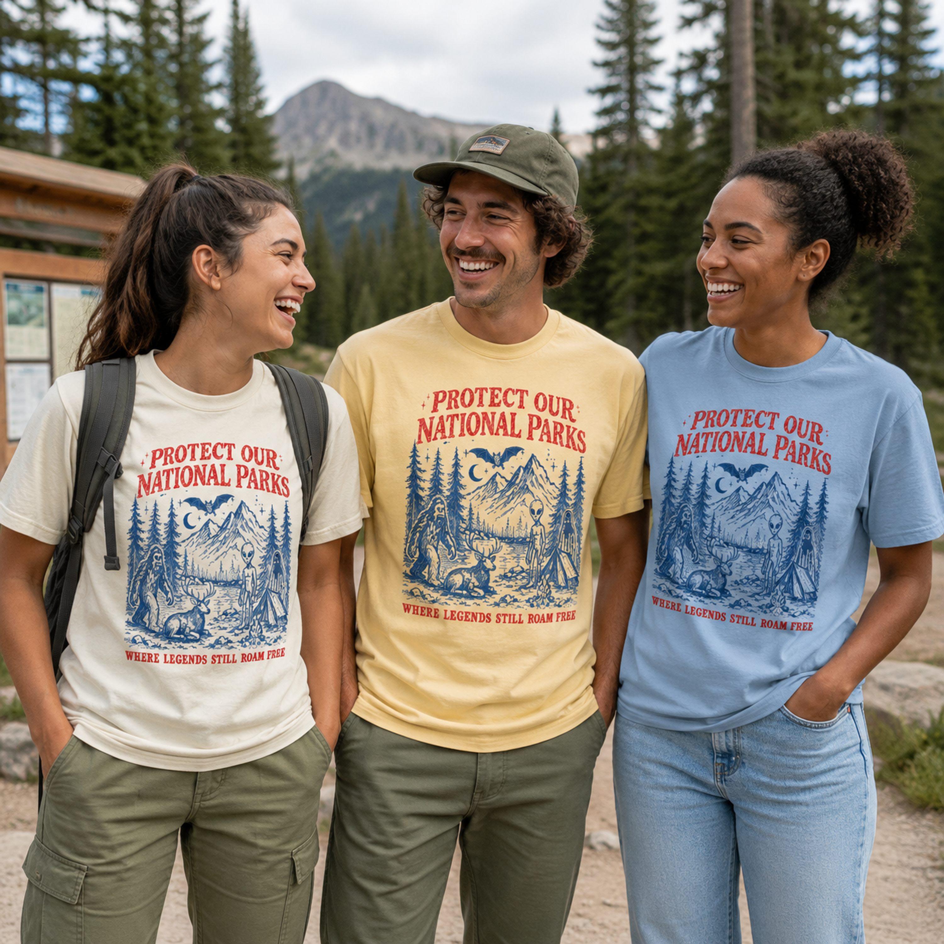 Friends wearing Protect Our National Parks shirts outdoors