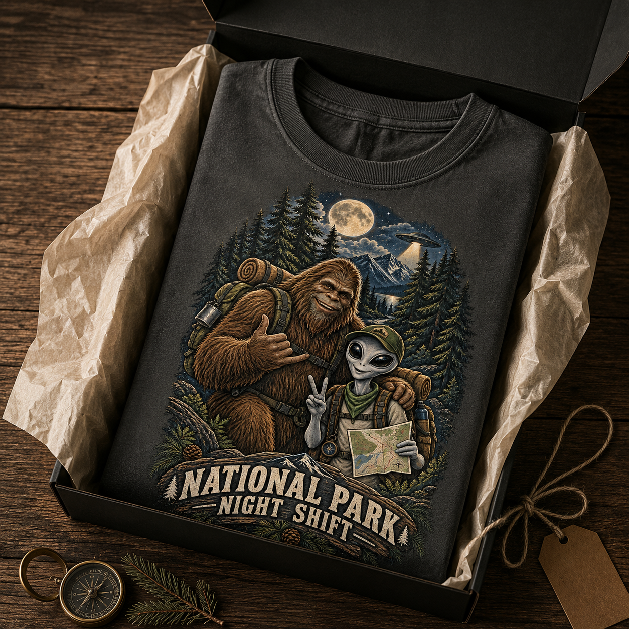 National Park Night Shift tee in gift-ready recycled packaging