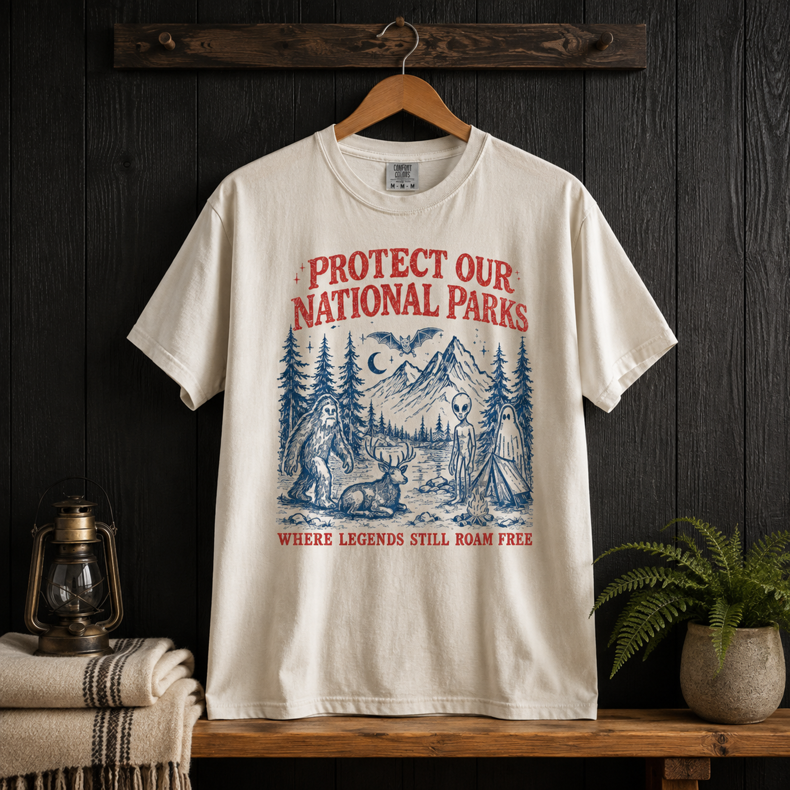 Ivory Comfort Colors 1717 cryptid shirt hanging in a cabin