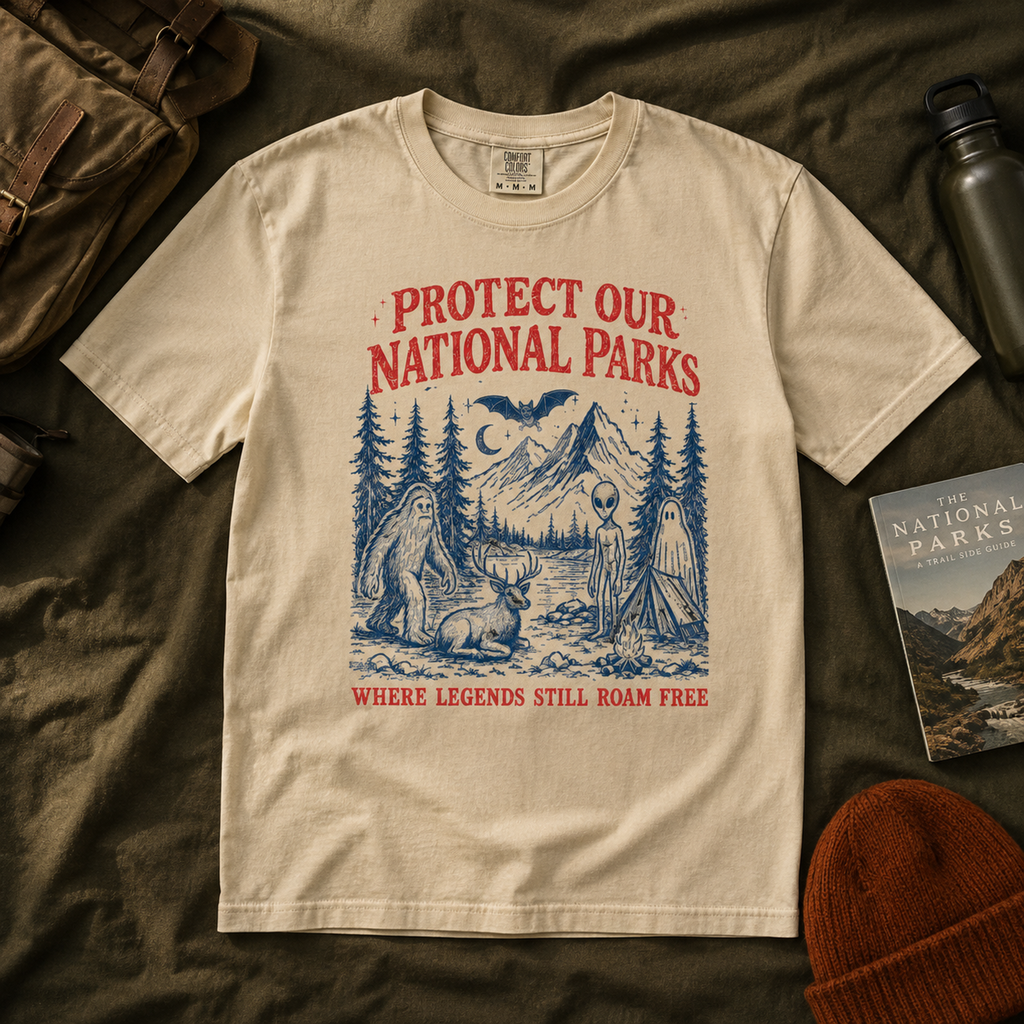Sandstone national parks tee styled with road-trip gear
