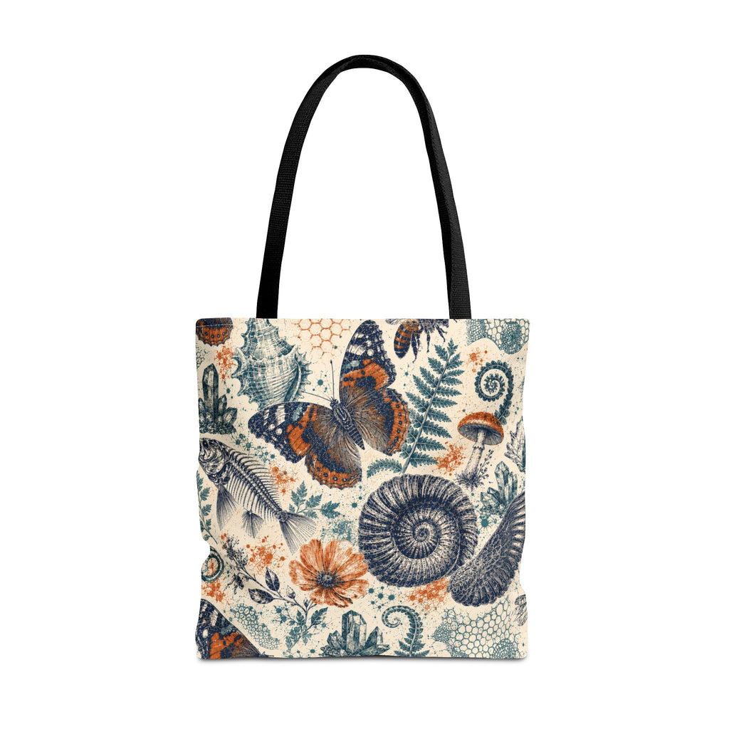 Natural World Archive black-handle tote with butterflies, fossils, shells, flowers, and crystals, product view 3 of 12