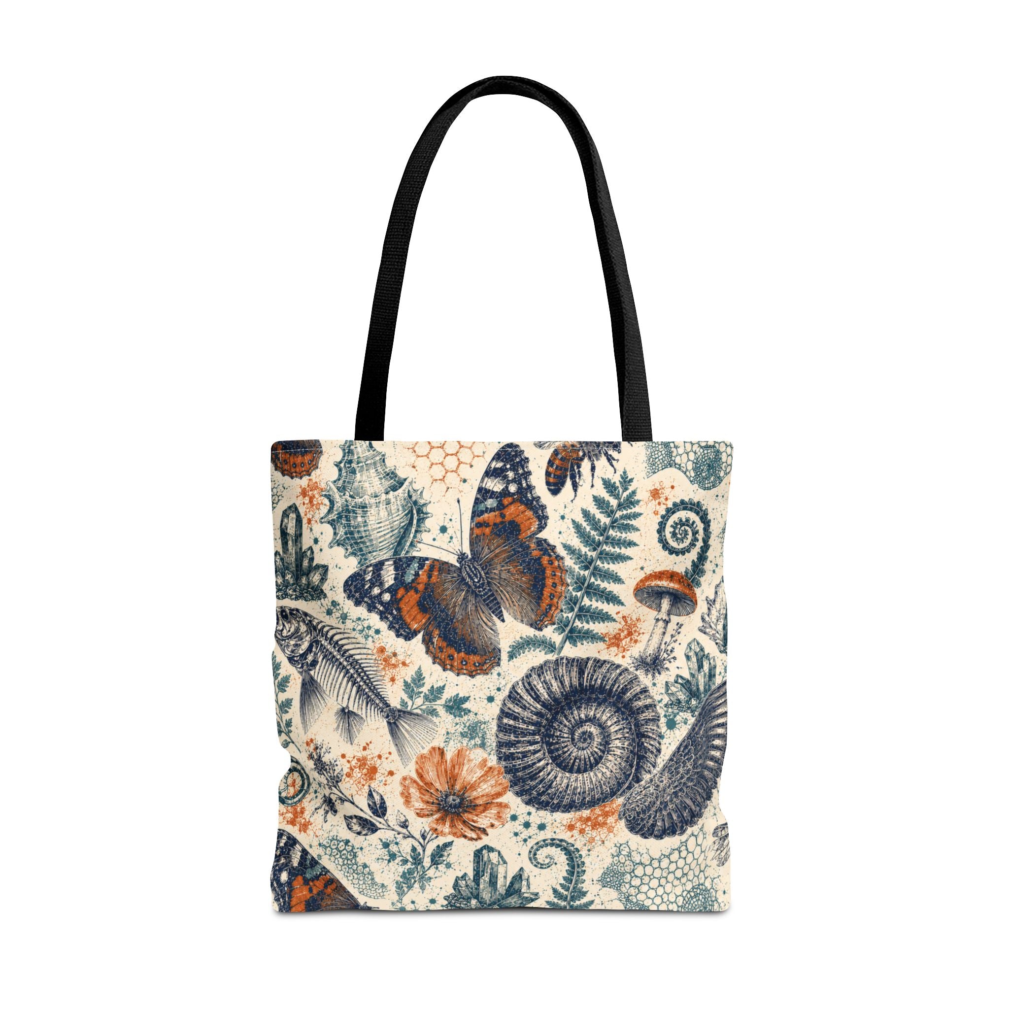 Natural World Archive black-handle tote with butterflies, fossils, shells, flowers, and crystals, product view 3 of 12