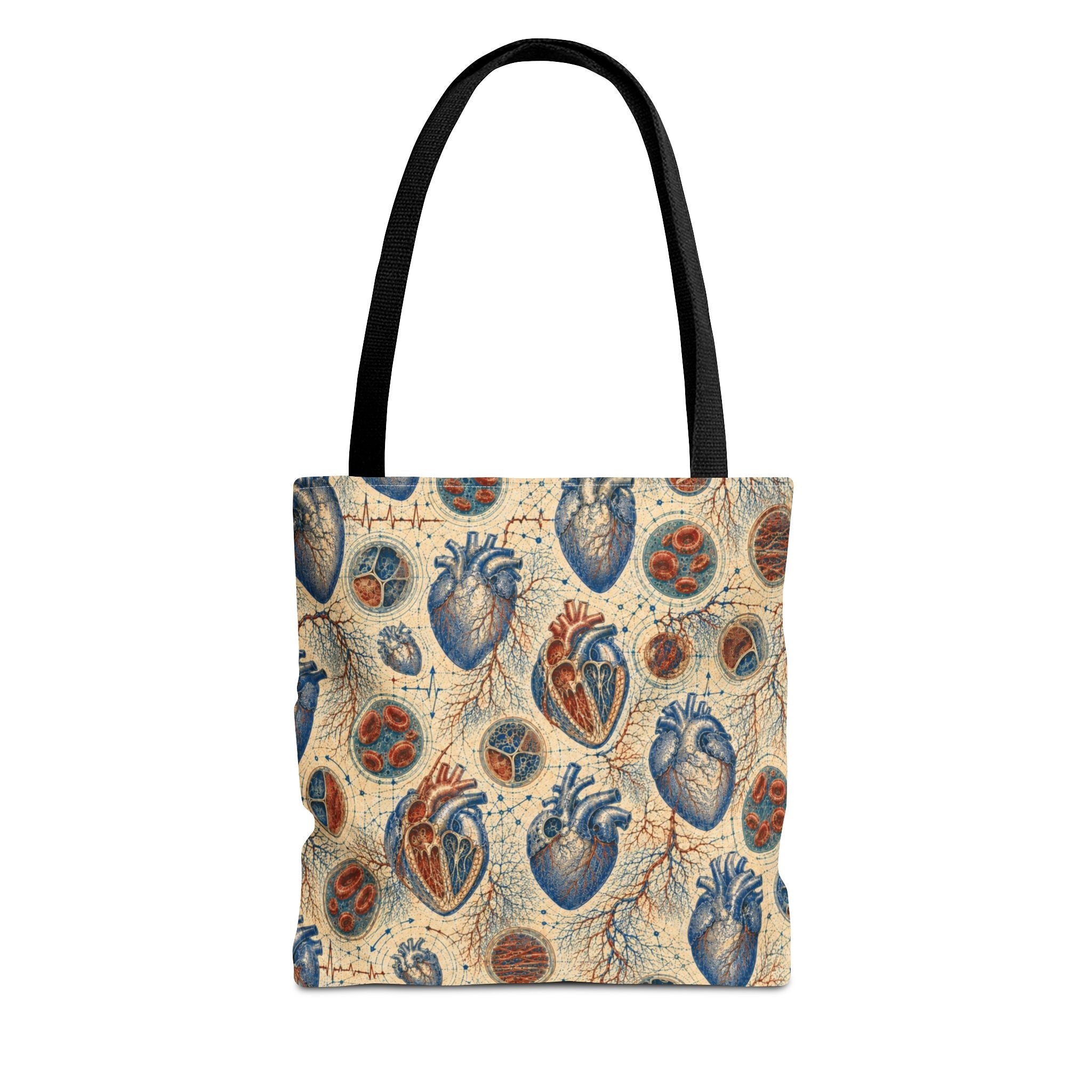 Front view of the human heart anatomy archive tote with black handles
