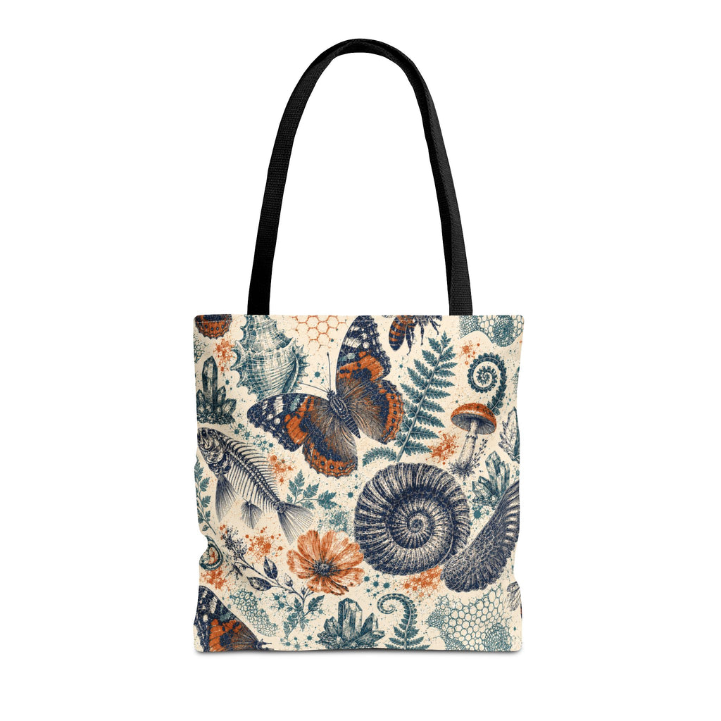 Natural World Archive black-handle tote with butterflies, fossils, shells, flowers, and crystals, product view 2 of 12