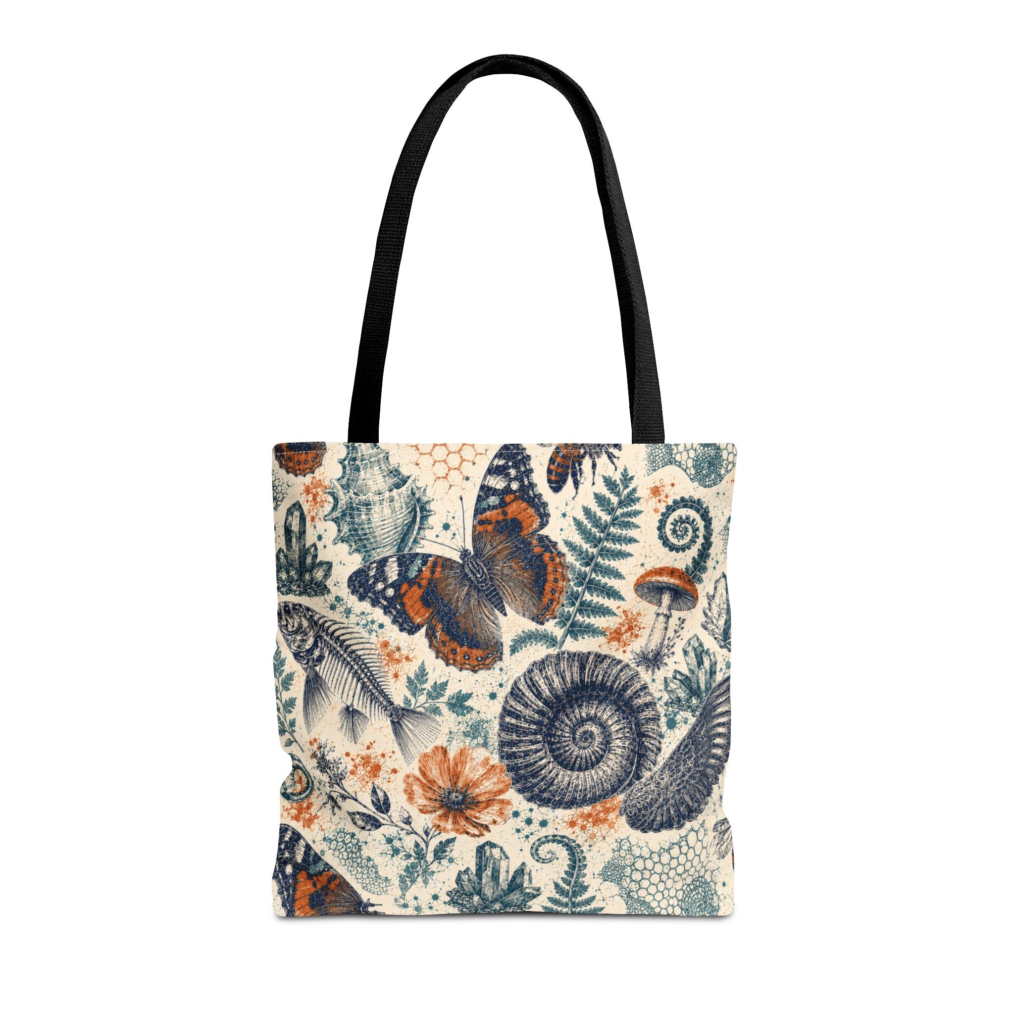Natural World Archive black-handle tote with butterflies, fossils, shells, flowers, and crystals, product view 2 of 12