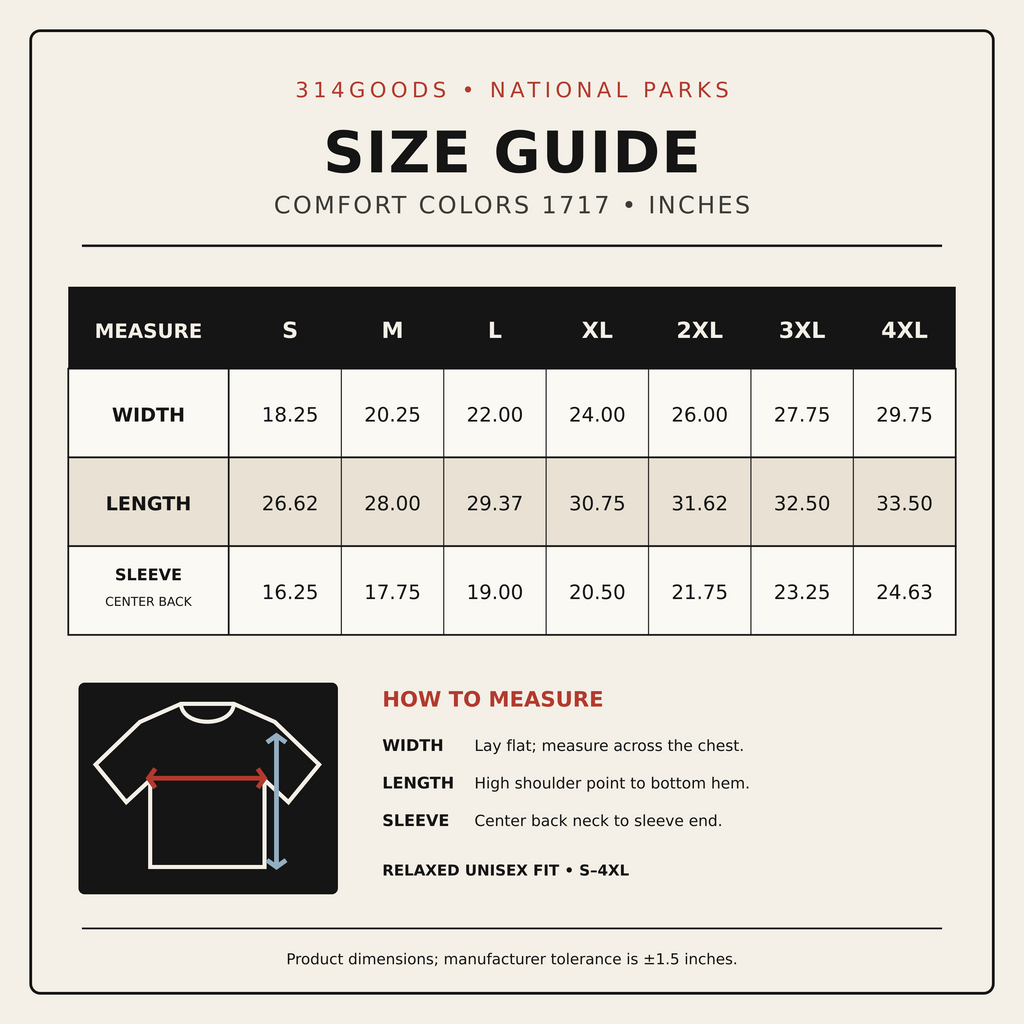 Comfort Colors 1717 size guide from S through 4XL