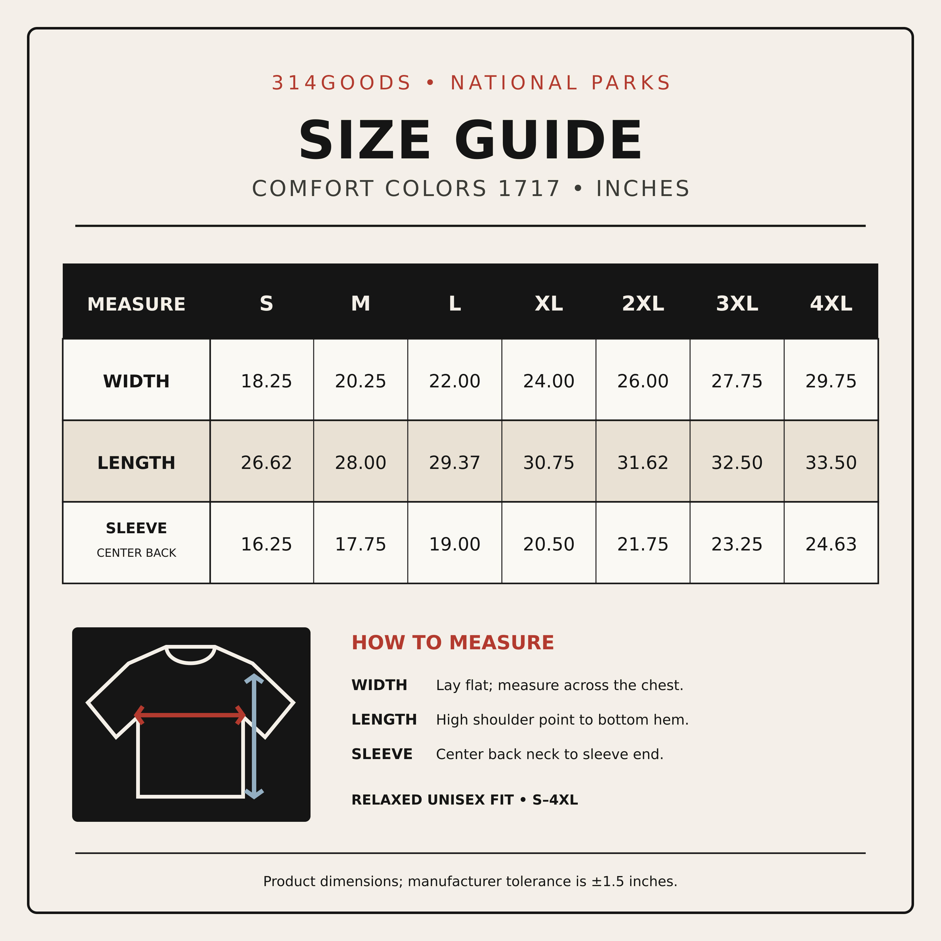 Comfort Colors 1717 size guide from S through 4XL