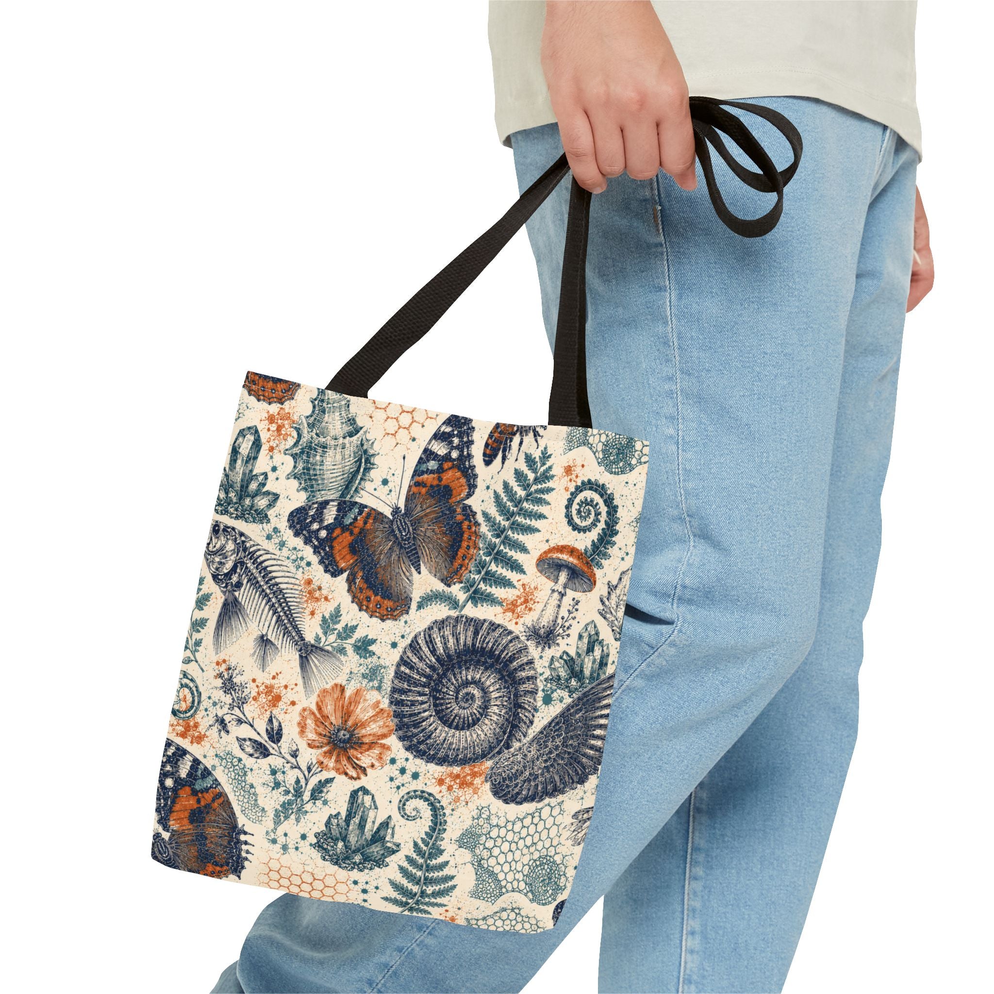 Natural World Archive black-handle tote with butterflies, fossils, shells, flowers, and crystals, product view 5 of 12