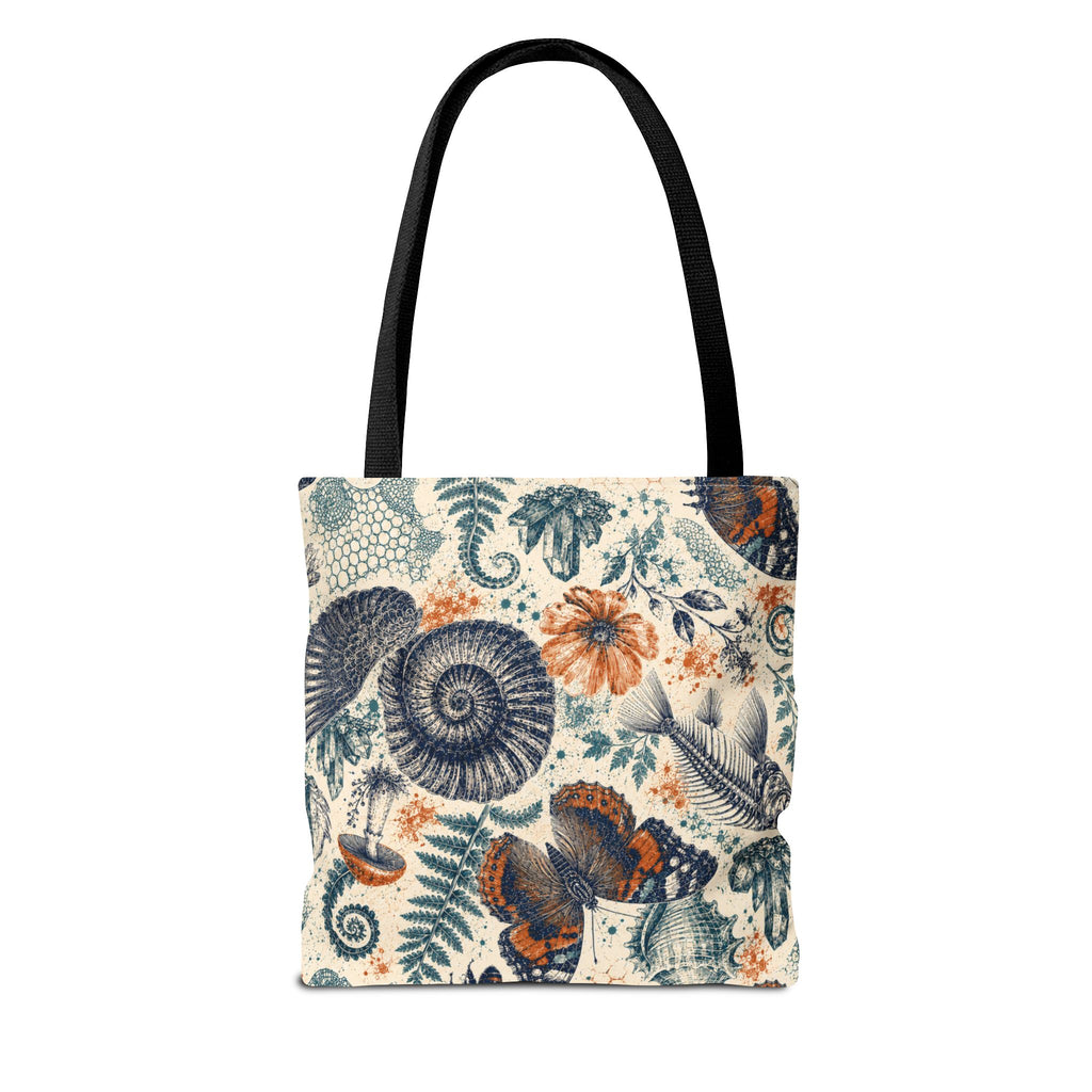 Natural World Archive black-handle tote with butterflies, fossils, shells, flowers, and crystals, product view 4 of 12