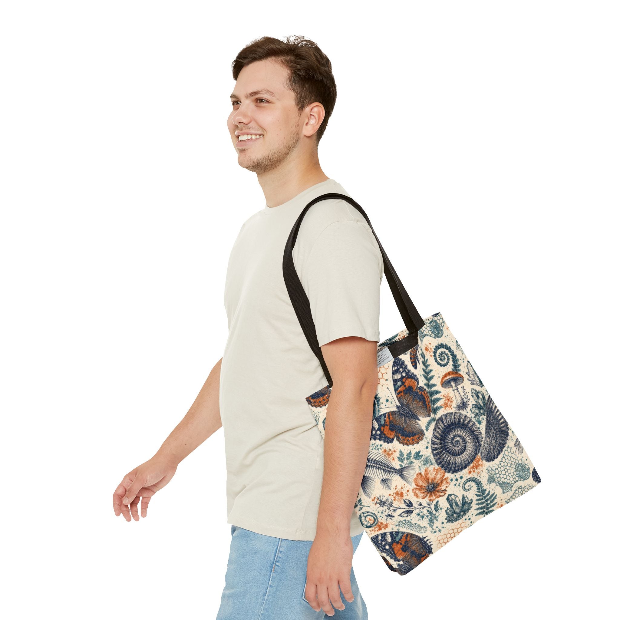 Natural World Archive black-handle tote with butterflies, fossils, shells, flowers, and crystals, product view 8 of 12
