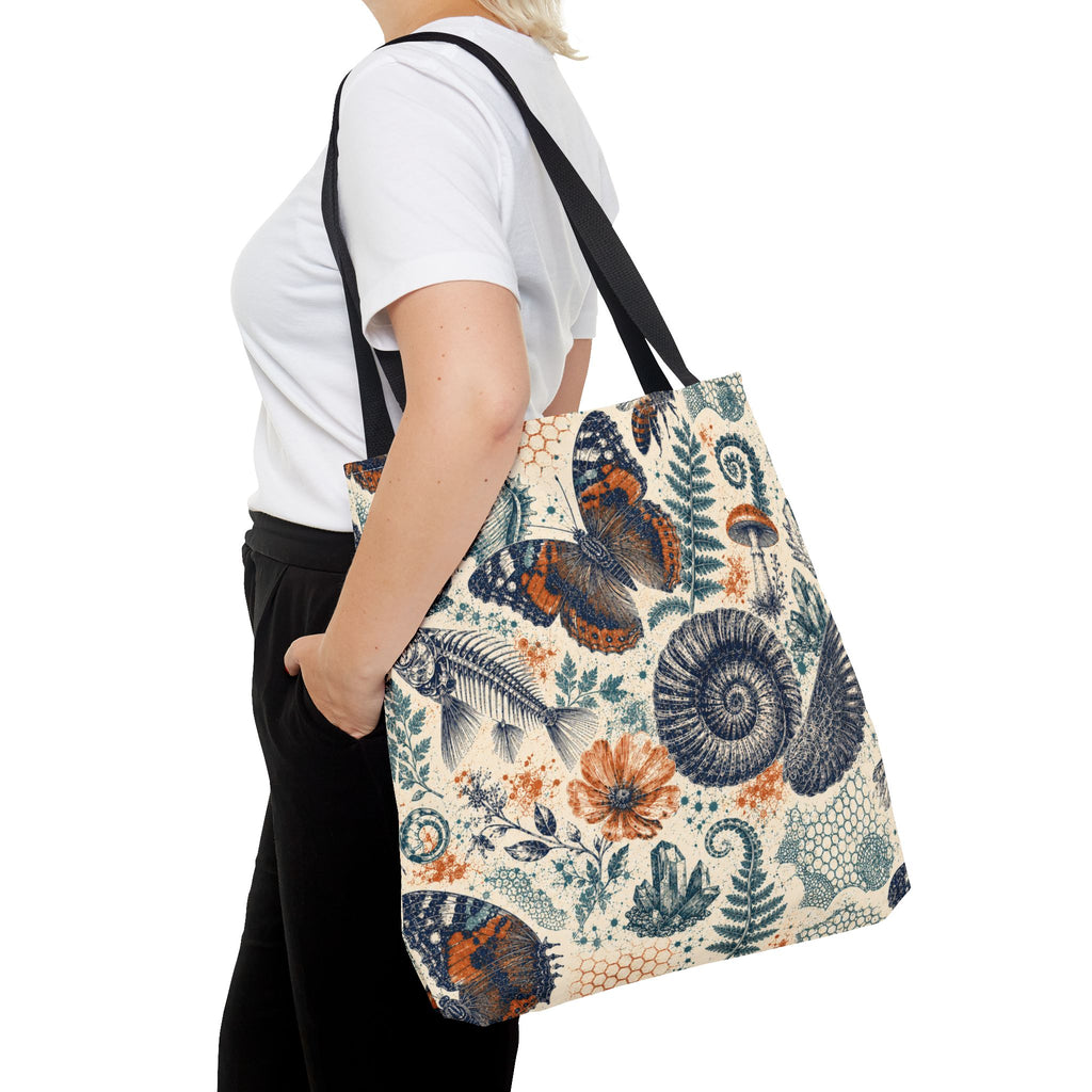 Natural World Archive black-handle tote with butterflies, fossils, shells, flowers, and crystals, product view 12 of 12