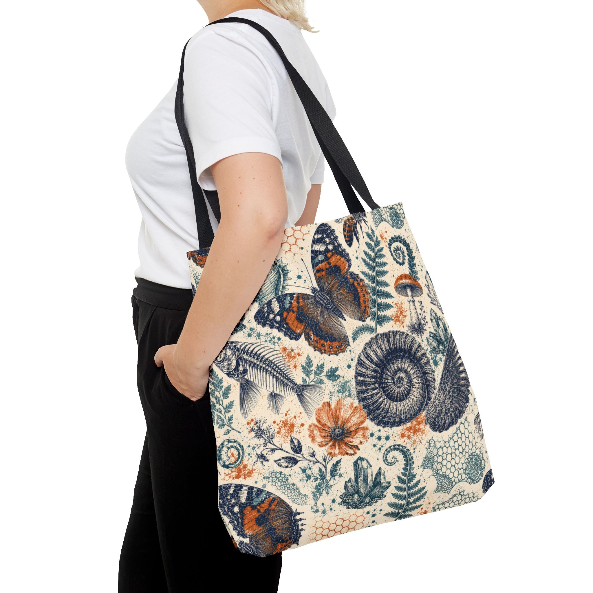 Natural World Archive black-handle tote with butterflies, fossils, shells, flowers, and crystals, product view 12 of 12